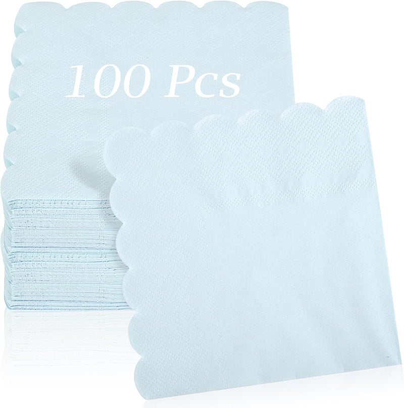Hoiny 100 Pcs Cocktail Napkins, 2-Ply 5 x 5 Inches Disposable Scalloped Napkins, Thick Premium Dessert Napkins for Party, Wedding, Dinner, Birthday, Anniversary, Festival (Light Blue) - Image 1